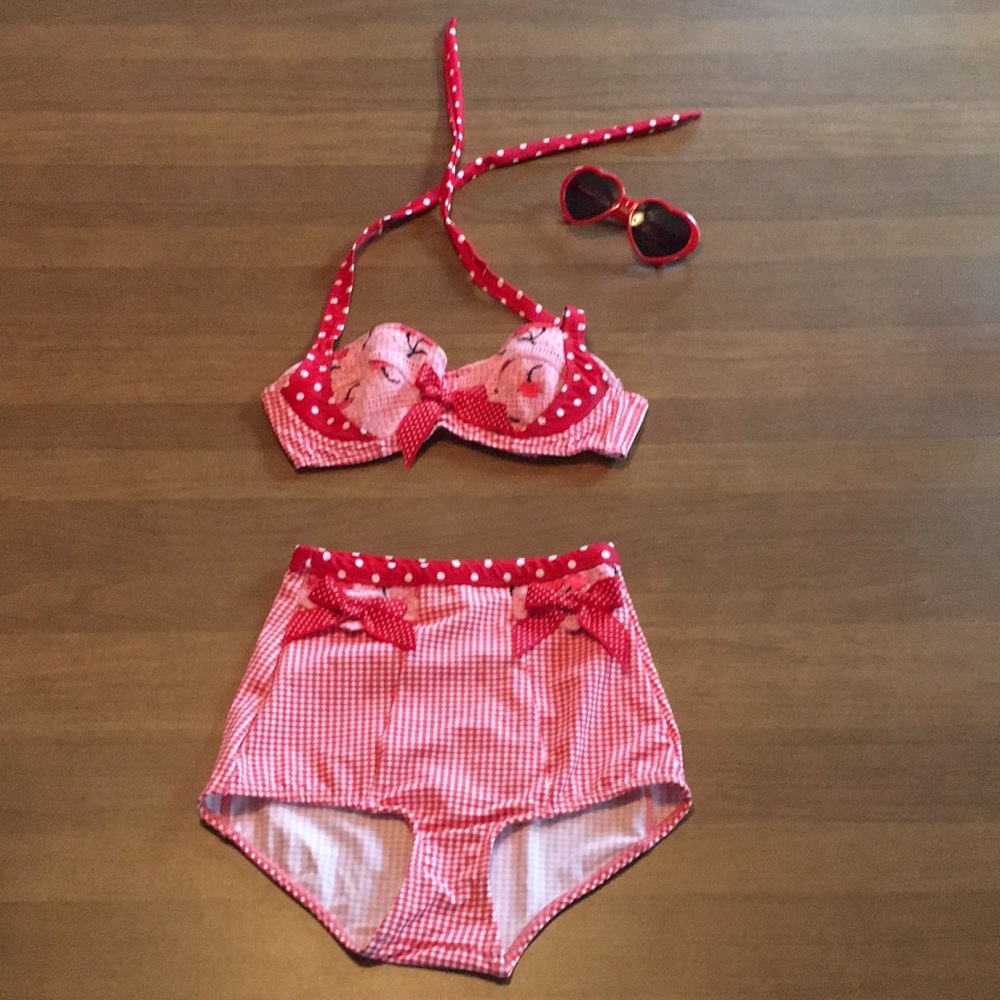 ADORABLE retro pinup cherry gingham polka dot lace swimsuit bikini 👙 🍒 - Picture 4 of 16
